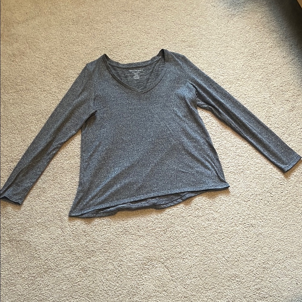 American Eagle Gray Plush Long Sleeve V-Neck Top